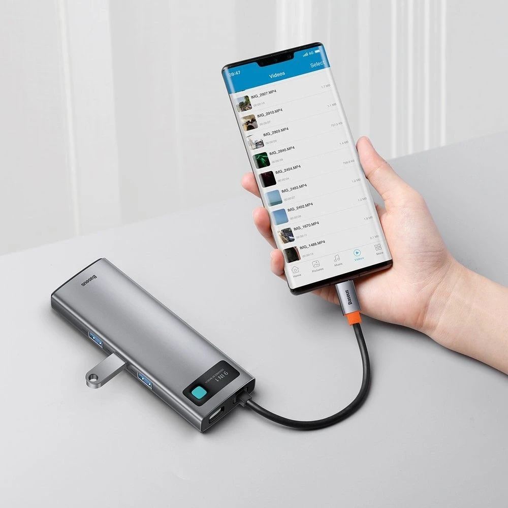 Šakotuvas 9in1 Baseus Metal Gleam Series, USB-C į 3x USB 3.0 + HDMI + USB-C PD + Ethernet RJ45 + Micro SD/SD + VGA