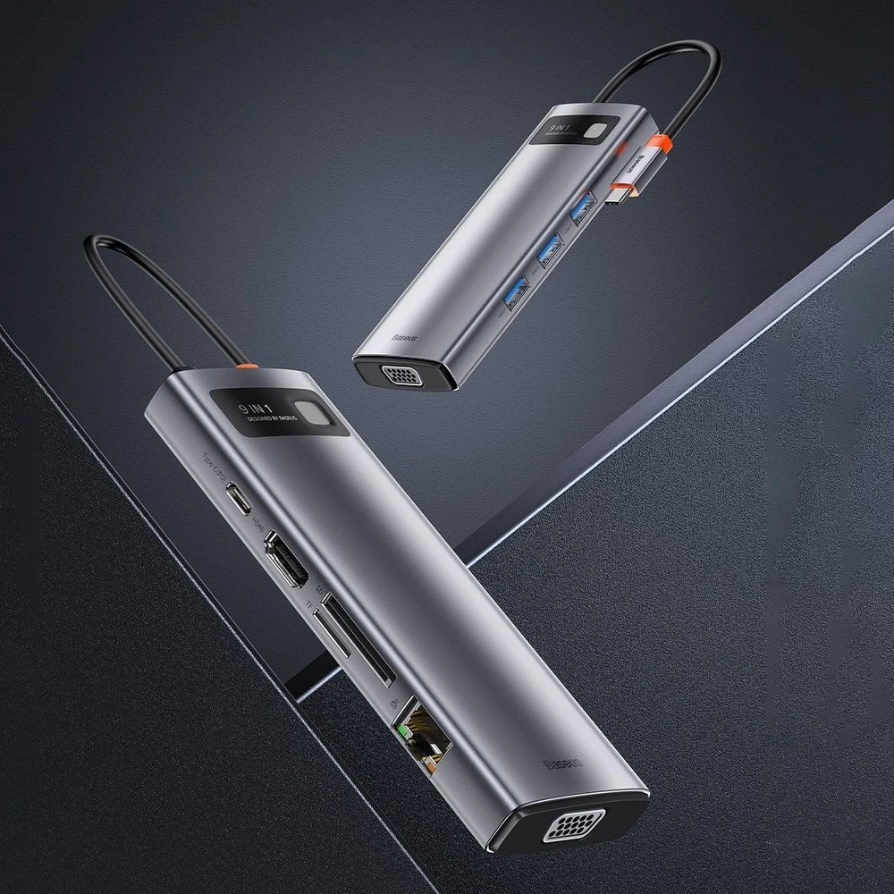 Šakotuvas 9in1 Baseus Metal Gleam Series, USB-C į 3x USB 3.0 + HDMI + USB-C PD + Ethernet RJ45 + Micro SD/SD + VGA