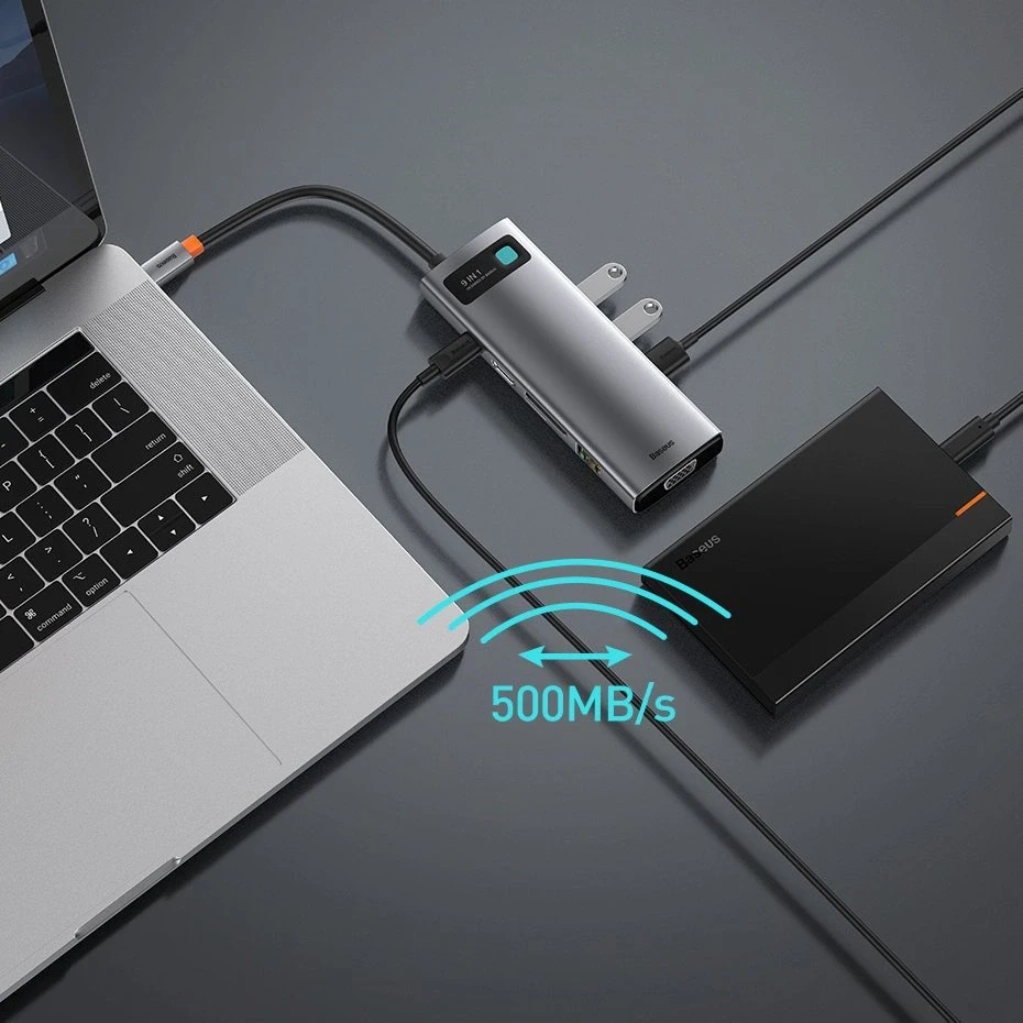 Šakotuvas 9in1 Baseus Metal Gleam Series, USB-C į 3x USB 3.0 + HDMI + USB-C PD + Ethernet RJ45 + Micro SD/SD + VGA
