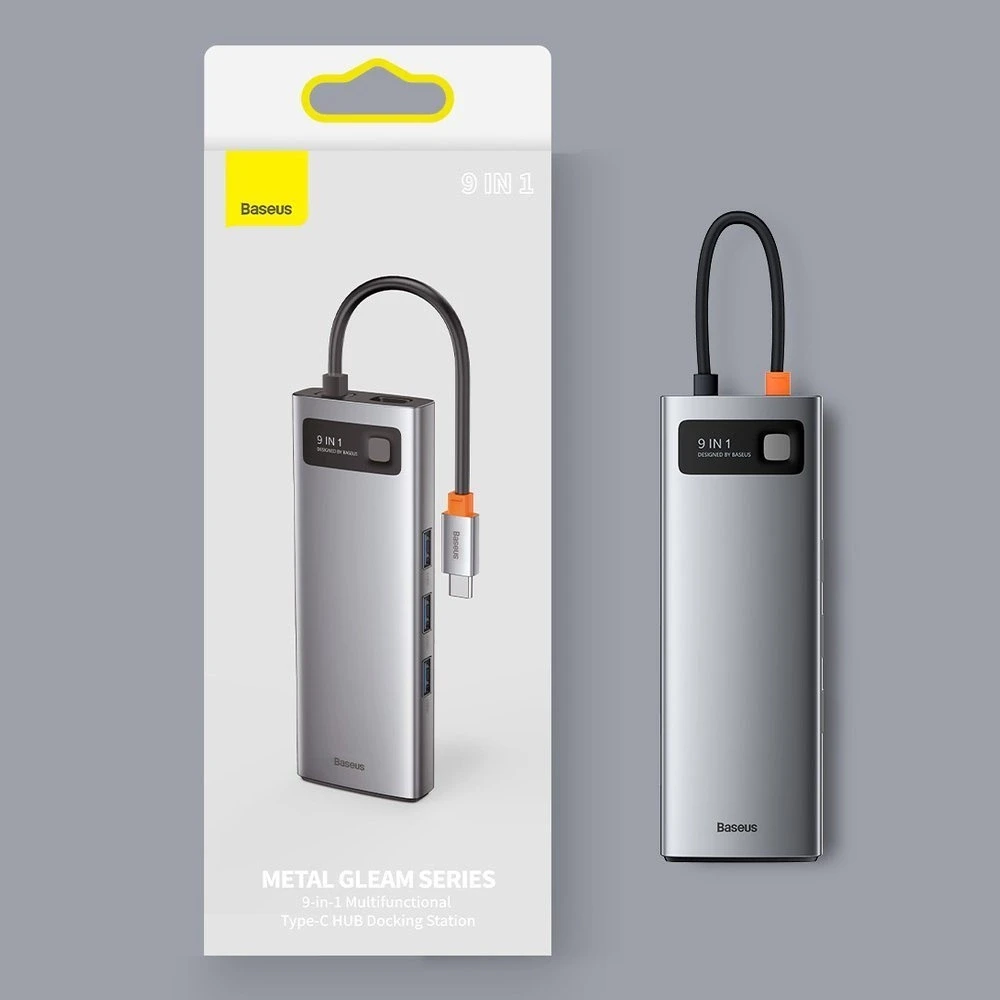 Šakotuvas 9in1 Baseus Metal Gleam Series, USB-C į 3x USB 3.0 + HDMI + USB-C PD + Ethernet RJ45 + Micro SD/SD + VGA