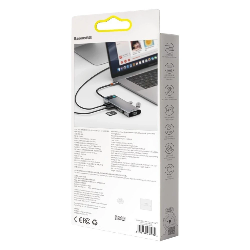 Šakotuvas 9in1 Baseus Metal Gleam Series, USB-C į 3x USB 3.0 + HDMI + USB-C PD + Ethernet RJ45 + Micro SD/SD + VGA