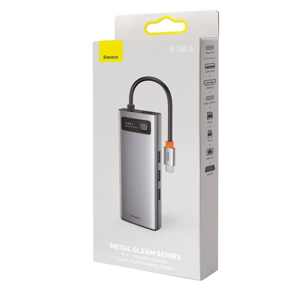 Šakotuvas 9in1 Baseus Metal Gleam Series, USB-C į 3x USB 3.0 + HDMI + USB-C PD + Ethernet RJ45 + Micro SD/SD + VGA