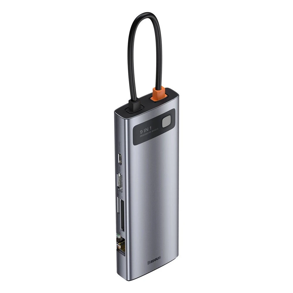 Šakotuvas 9in1 Baseus Metal Gleam Series, USB-C į 3x USB 3.0 + HDMI + USB-C PD + Ethernet RJ45 + Micro SD/SD + VGA