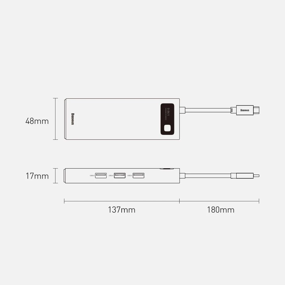 Šakotuvas 9in1 Baseus Metal Gleam Series, USB-C į 3x USB 3.0 + HDMI + USB-C PD + Ethernet RJ45 + Micro SD/SD + VGA