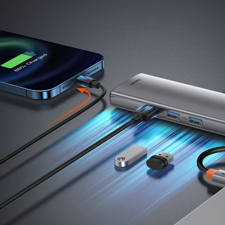 Šakotuvas 9in1 Baseus Metal Gleam Series, USB-C į 3x USB 3.0 + HDMI + USB-C PD + Ethernet RJ45 + Micro SD/SD + VGA