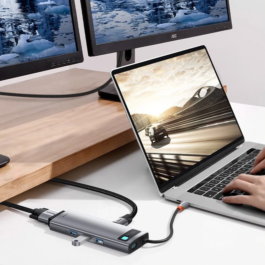 Šakotuvas 9in1 Baseus Metal Gleam Series, USB-C į 3x USB 3.0 + HDMI + USB-C PD + Ethernet RJ45 + Micro SD/SD + VGA