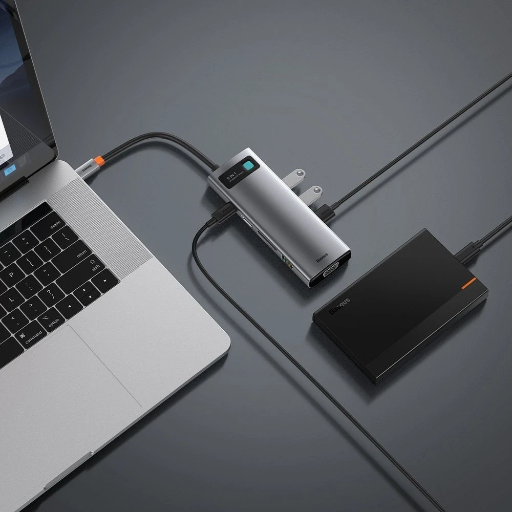 Šakotuvas 9in1 Baseus Metal Gleam Series, USB-C į 3x USB 3.0 + HDMI + USB-C PD + Ethernet RJ45 + Micro SD/SD + VGA