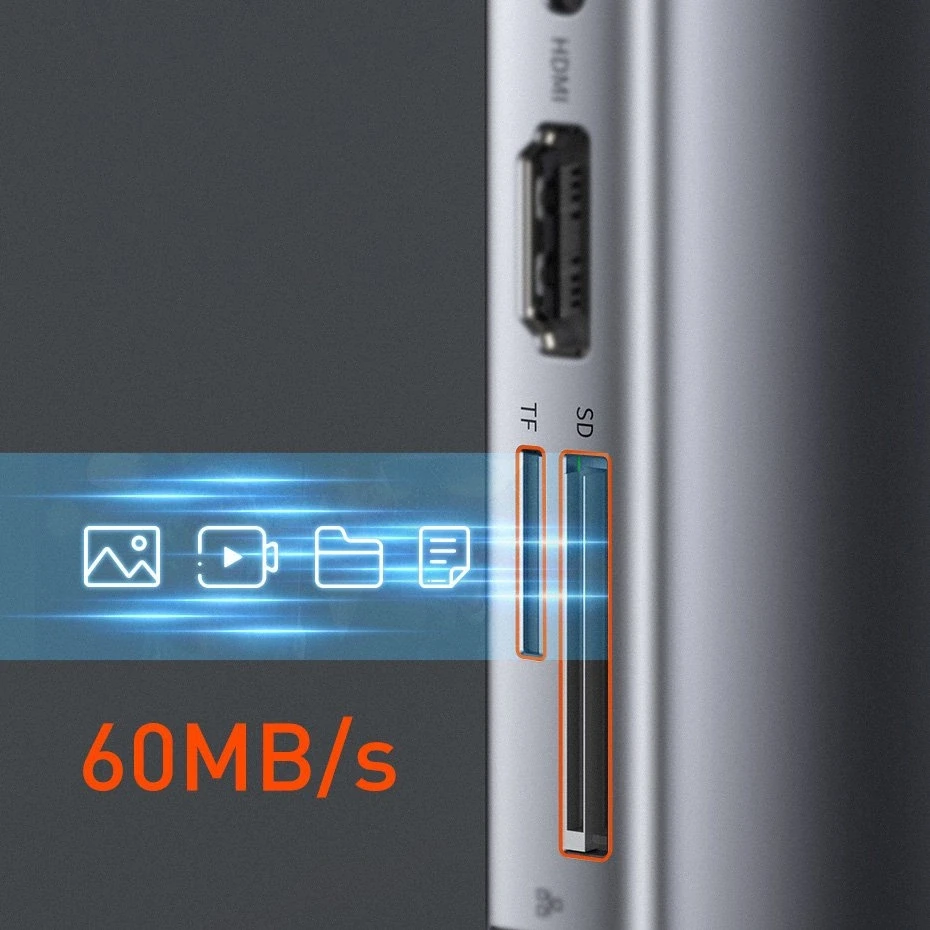 Šakotuvas 9in1 Baseus Metal Gleam Series, USB-C į 3x USB 3.0 + HDMI + USB-C PD + Ethernet RJ45 + Micro SD/SD + VGA