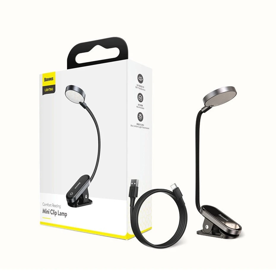 Baseus Prisegama skaitymo LED lempa, įkraunama USB, 3W, neutraliai balta