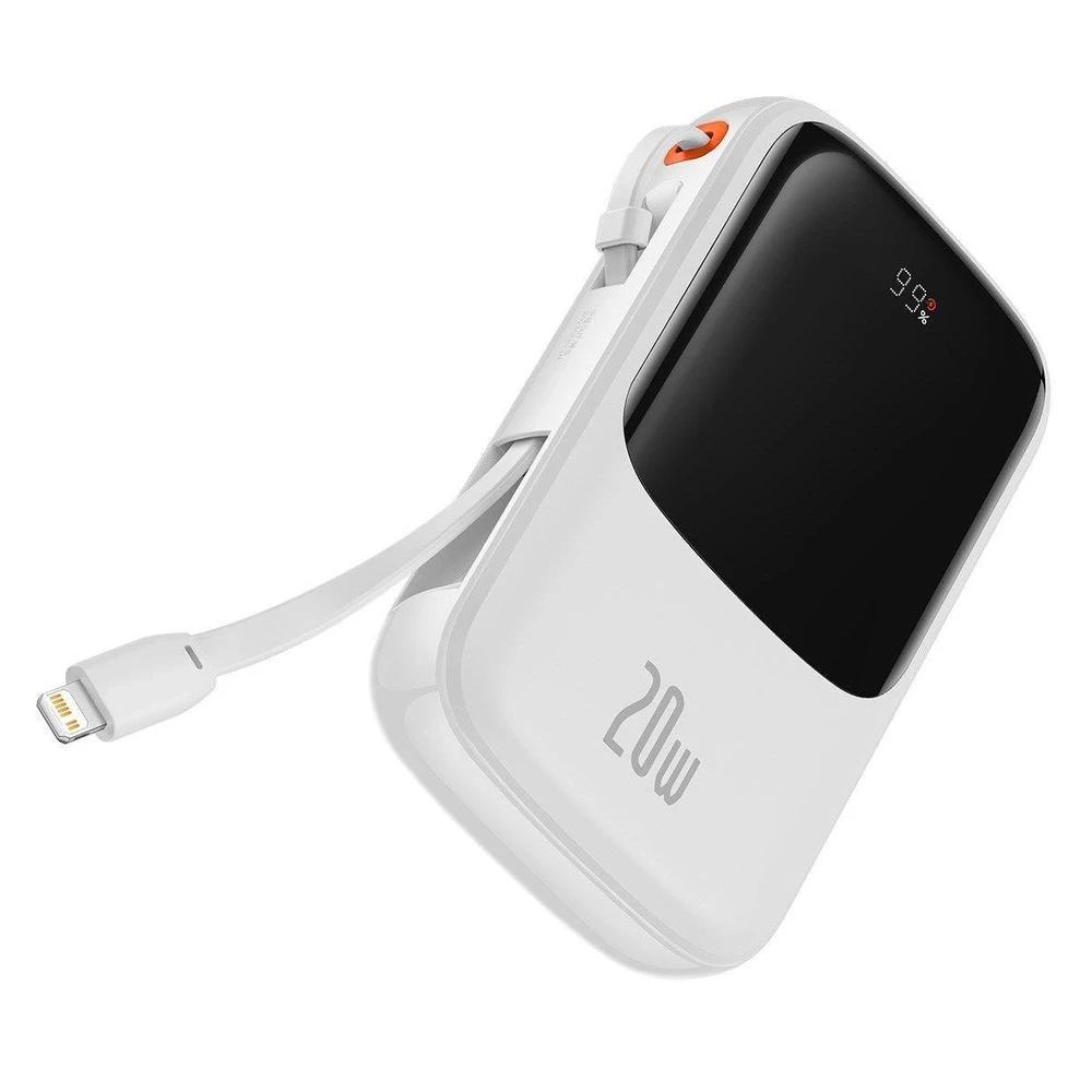 Powerbank Baseus Qpow PRO su laidu, USB-C, 2xUSB, 10000mAh, 20W (balta)