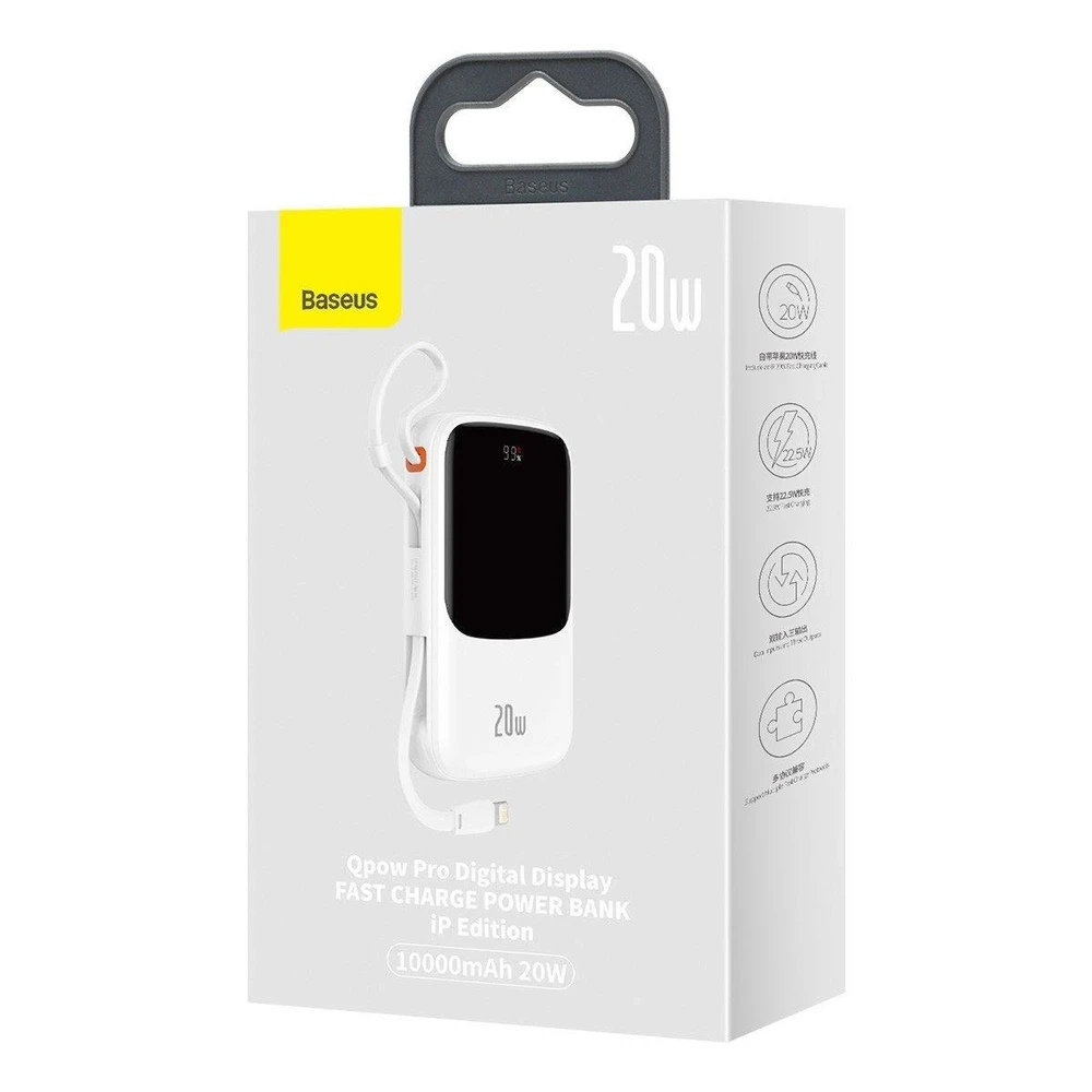 Powerbank Baseus Qpow PRO su laidu, USB-C, 2xUSB, 10000mAh, 20W (balta)