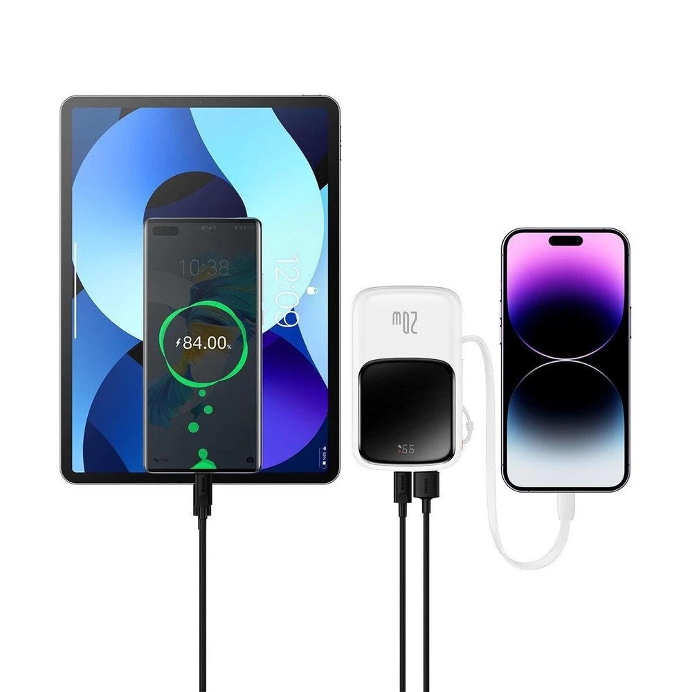 Powerbank Baseus Qpow PRO su laidu, USB-C, 2xUSB, 10000mAh, 20W (balta)
