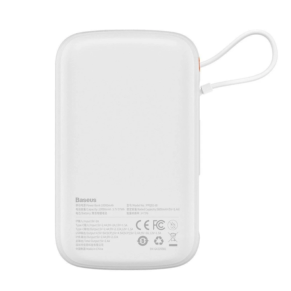 Powerbank Baseus Qpow PRO su laidu, USB-C, 2xUSB, 10000mAh, 20W (balta)