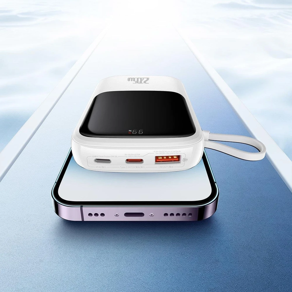 Powerbank Baseus Qpow PRO su laidu, USB-C, 2xUSB, 10000mAh, 20W (balta)