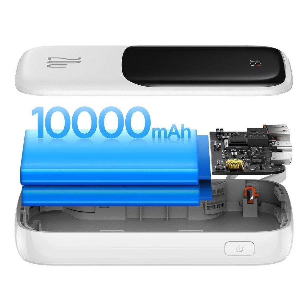 Powerbank Baseus Qpow PRO su laidu, USB-C, 2xUSB, 10000mAh, 20W (balta)