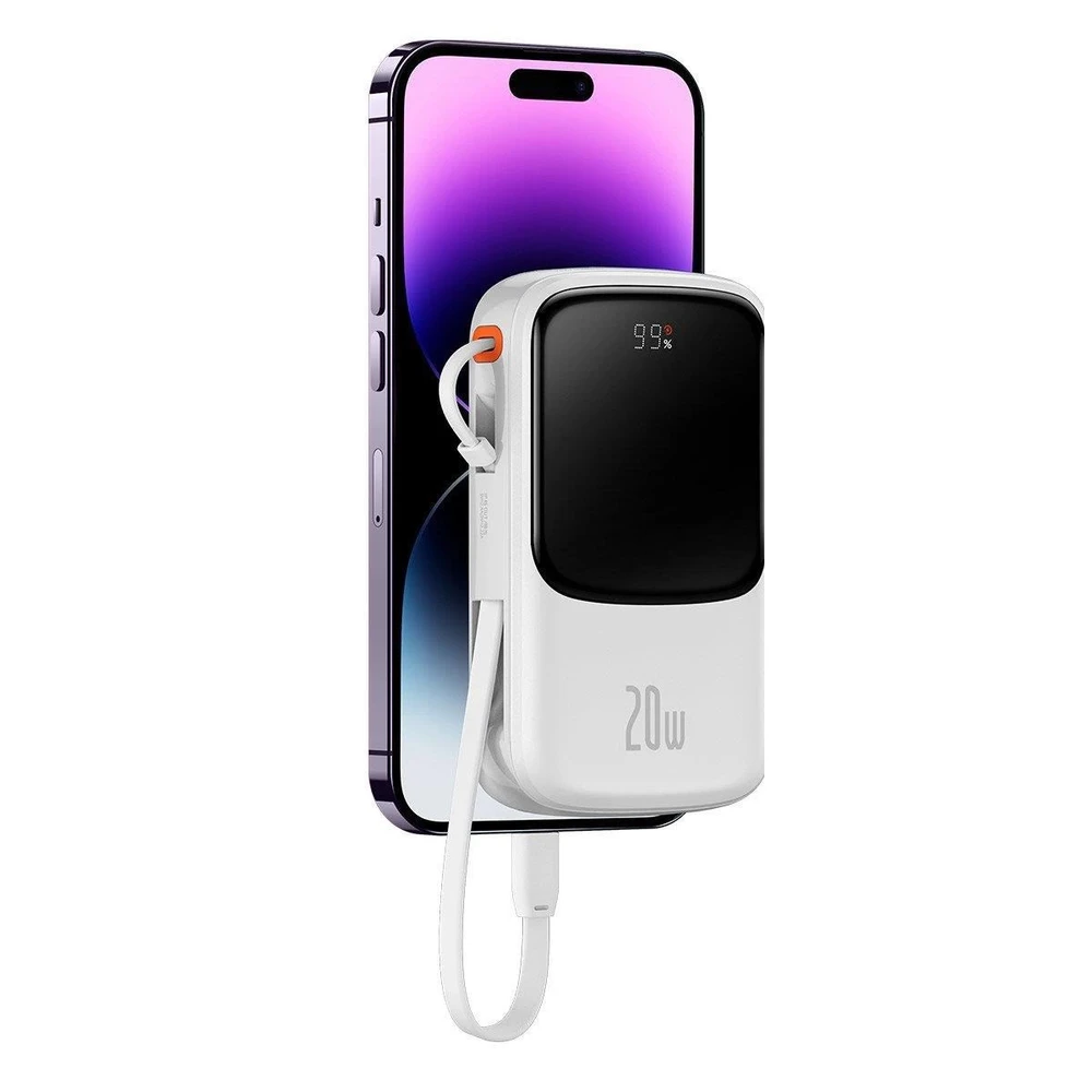 Powerbank Baseus Qpow PRO su laidu, USB-C, 2xUSB, 10000mAh, 20W (balta)