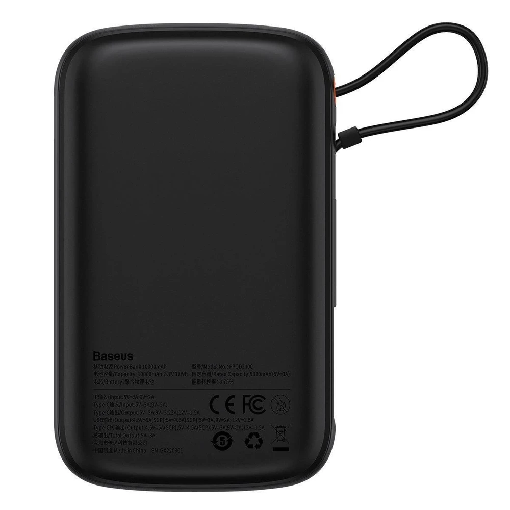 Powerbank Baseus Qpow PRO su laidu, 10000mAh, 22.5W (juodas)