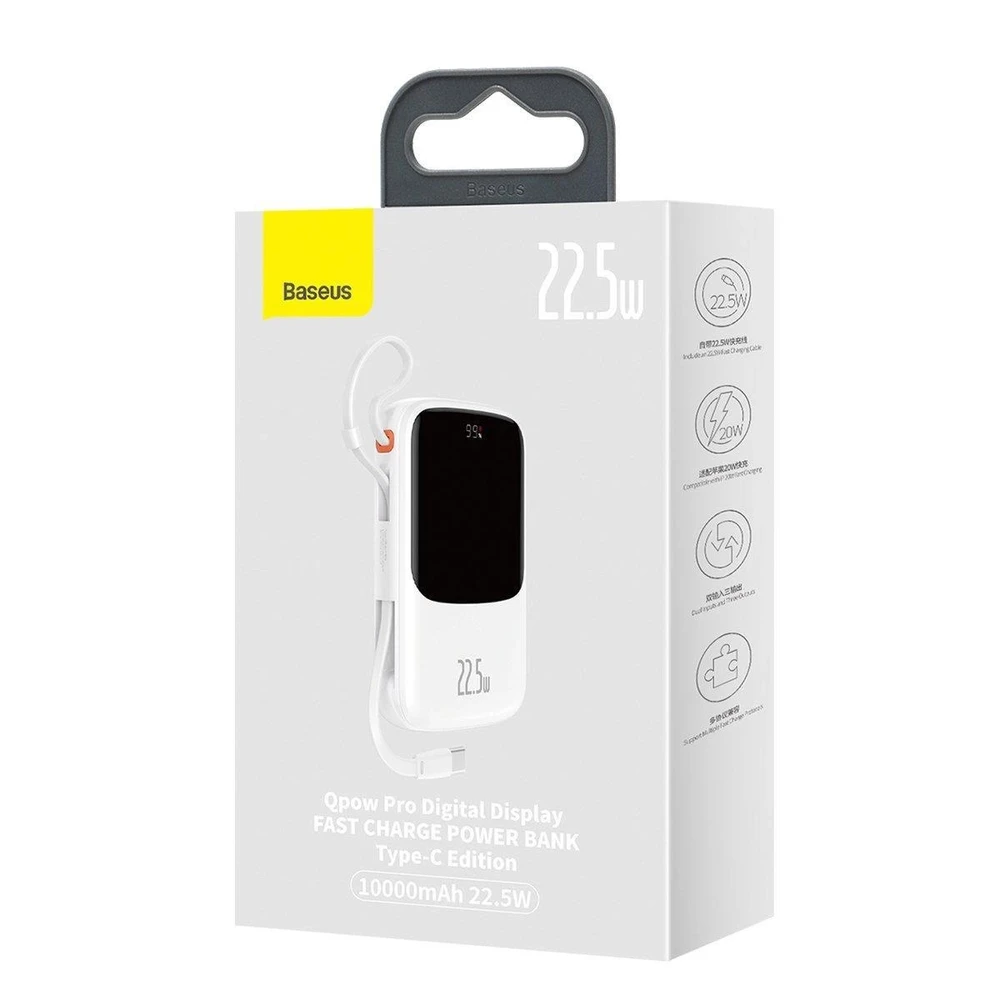 Powerbank Baseus Qpow PRO su kabeliu, 10000mAh, 22.5W (balta)