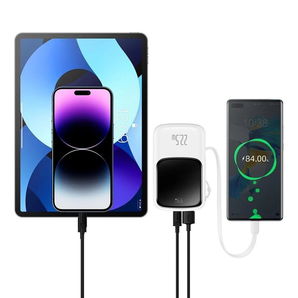Powerbank Baseus Qpow PRO su kabeliu, 10000mAh, 22.5W (balta)