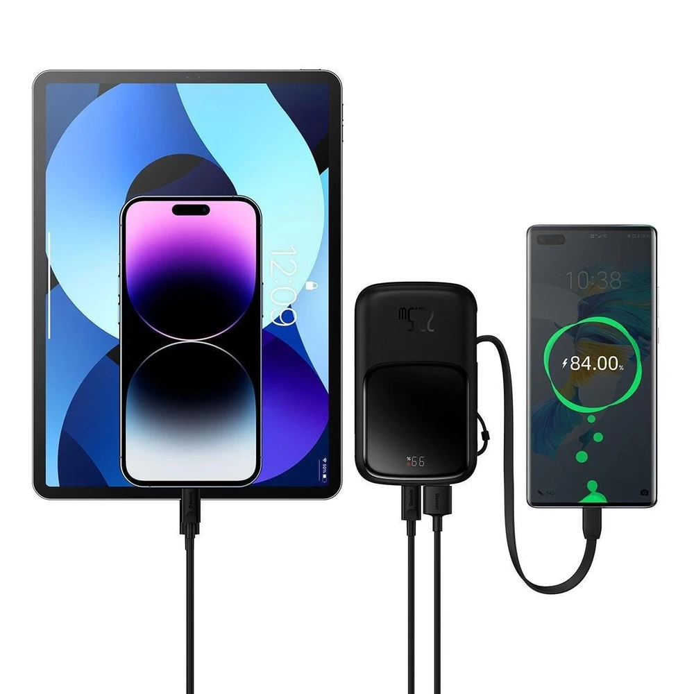 Powerbank Baseus Qpow PRO su laidu, 10000mAh, 22.5W (juodas)