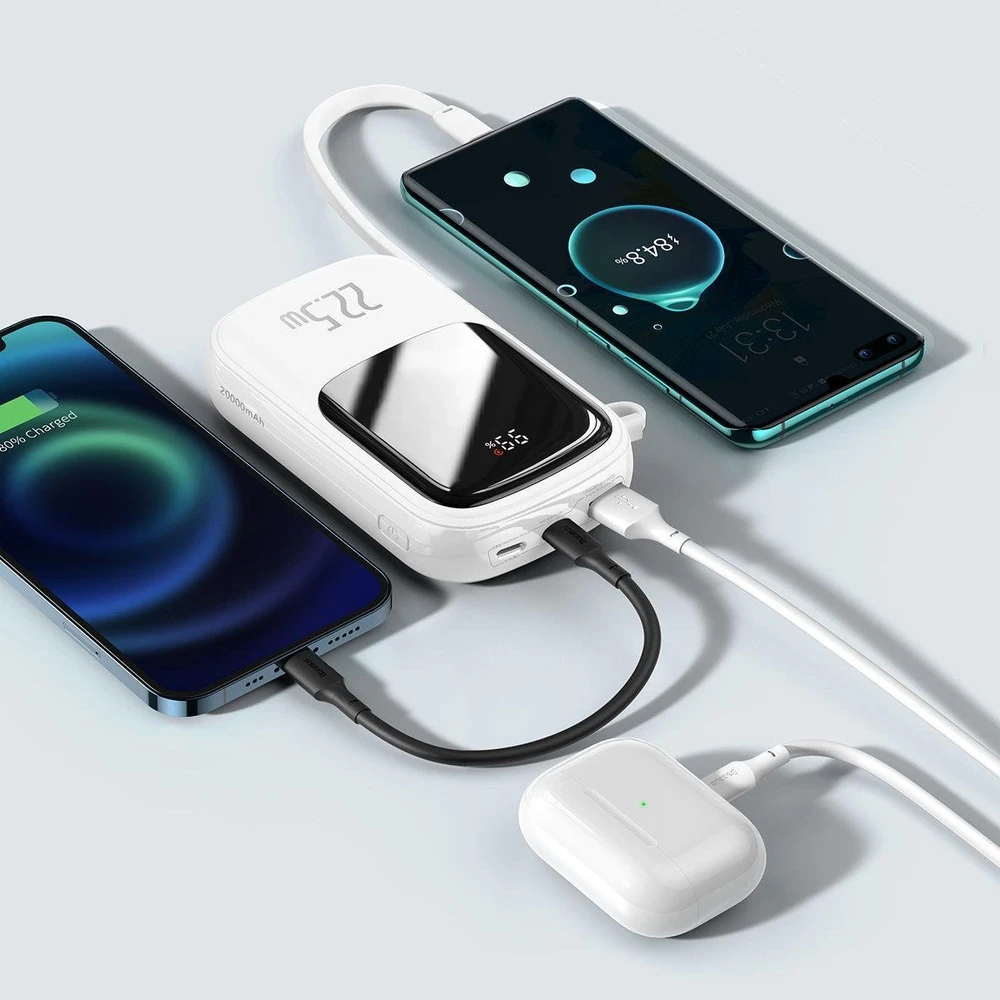 Powerbank Baseus Qpow PRO su laidu, 20000mAh, 22.5W (balta)