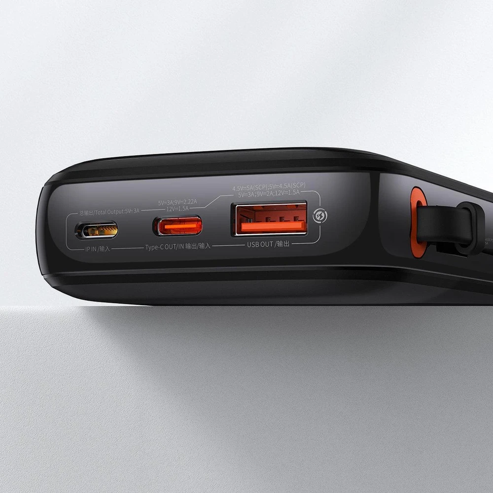 Powerbank Baseus Qpow PRO su laidu, 10000mAh, 22.5W (juodas)