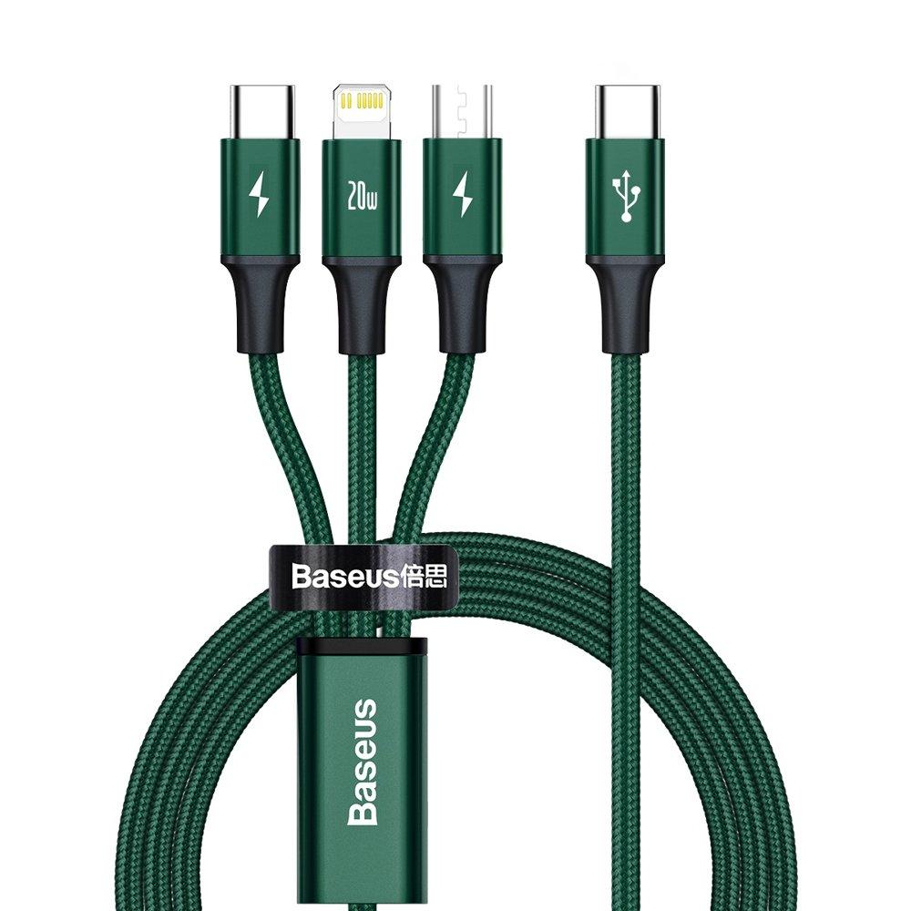 Baseus Rapid serijos Micro USB + Lightning + USB-C kabelis skirtas M+L+T 20W 1.5m – Žalias
