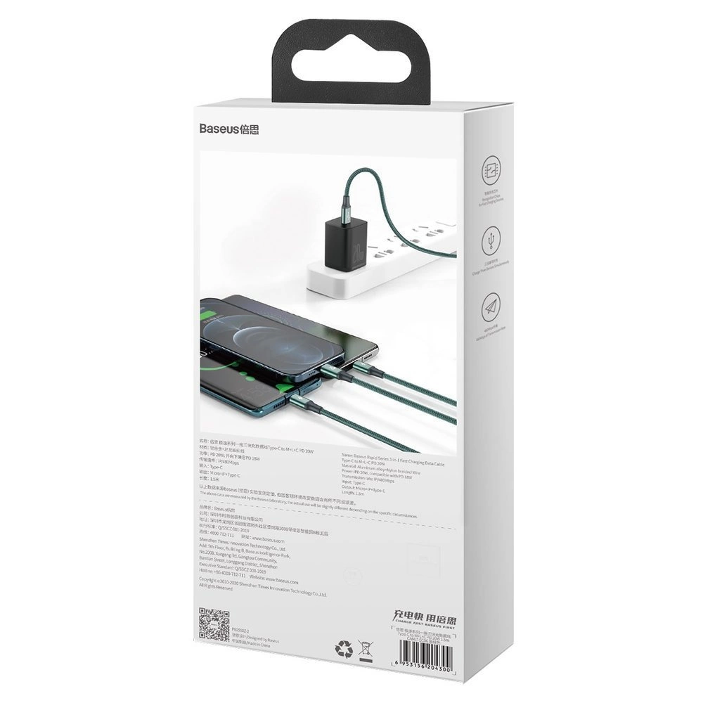 Baseus Rapid serijos Micro USB + Lightning + USB-C kabelis skirtas M+L+T 20W 1.5m – Žalias