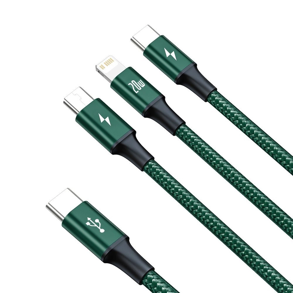 Baseus Rapid serijos Micro USB + Lightning + USB-C kabelis skirtas M+L+T 20W 1.5m – Žalias