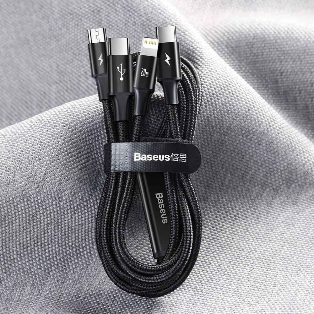 Baseus Rapid serijos Micro USB + Lightning + USB-C kabelis skirtas M+L+T 20W 1.5m – Žalias