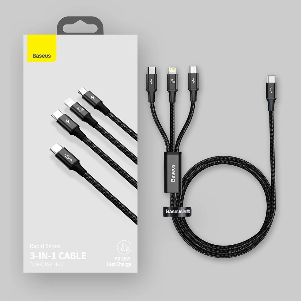 Baseus Rapid serijos Micro USB + Lightning + USB-C kabelis skirtas M+L+T 20W 1.5m – Žalias