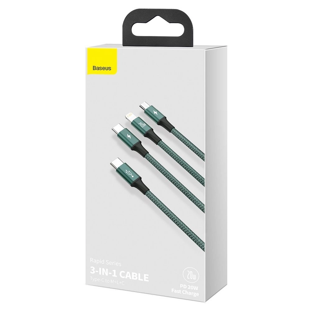 Baseus Rapid serijos Micro USB + Lightning + USB-C kabelis skirtas M+L+T 20W 1.5m – Žalias