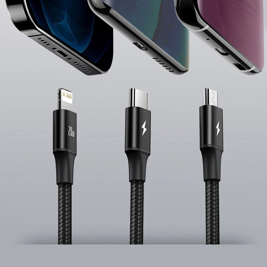 Baseus Rapid serijos Micro USB + Lightning + USB-C kabelis skirtas M+L+T 20W 1.5m – Žalias