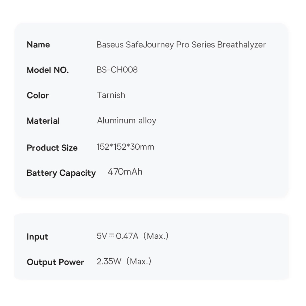 Baseus SafeJourney Pro elektroninis alkotesteris bekontaktis (pilkas)