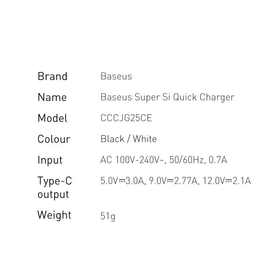 Baseus Super Si įkroviklis 1C 25W baltas