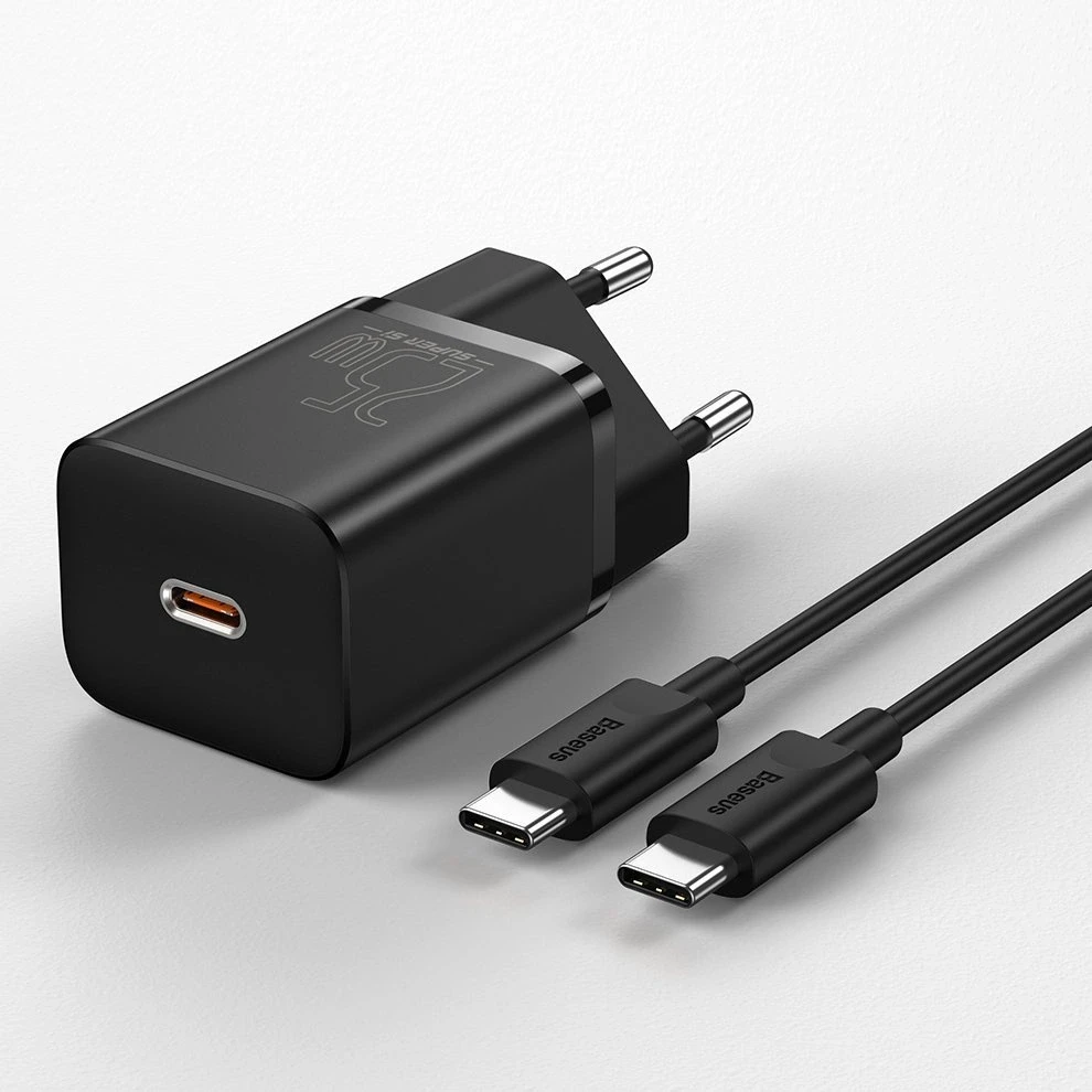 Baseus Super Si greitas įkroviklis 1C 25W su USB-C - USB-C kabelis 1m - Juodas
