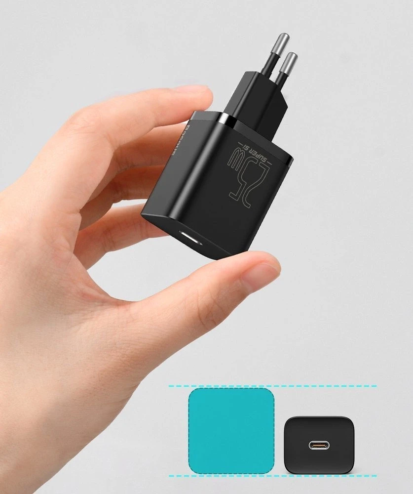 Baseus Super Si greitas įkroviklis 1C 25W su USB-C - USB-C kabelis 1m - Juodas