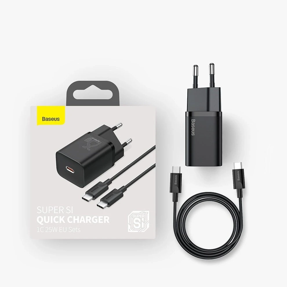 Baseus Super Si greitas įkroviklis 1C 25W su USB-C - USB-C kabelis 1m - Juodas