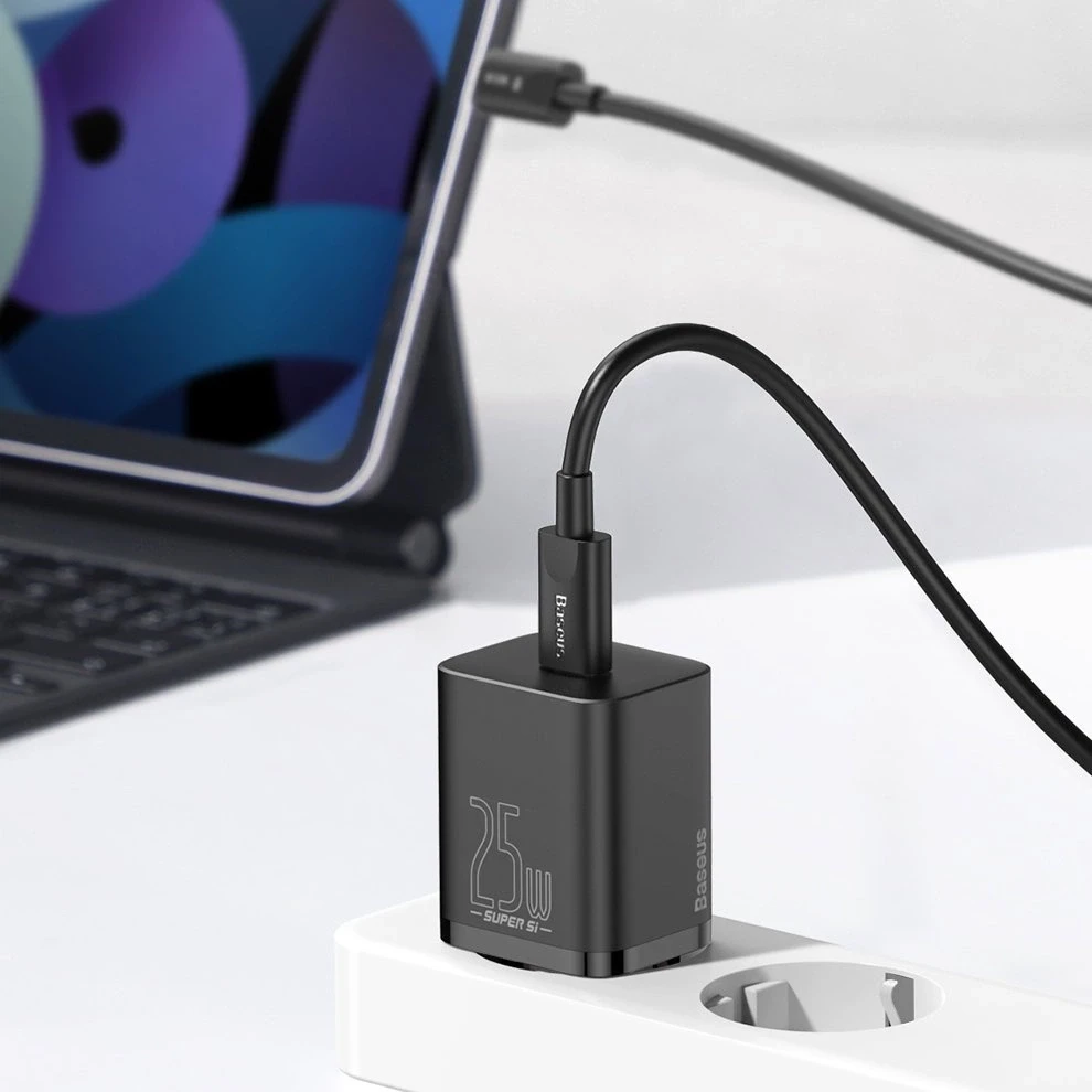 Baseus Super Si greitas įkroviklis 1C 25W su USB-C - USB-C kabelis 1m - Juodas