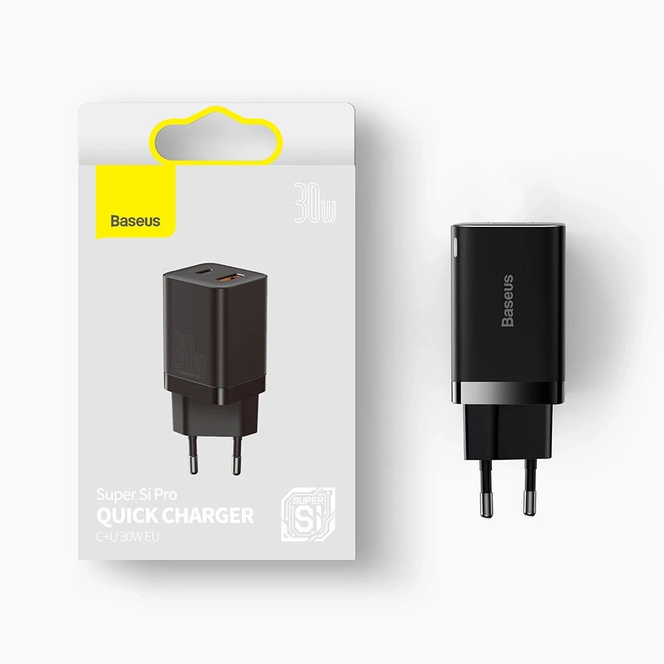 Baseus Super Si Pro įkroviklis USB + USB-C 30W - Baltas