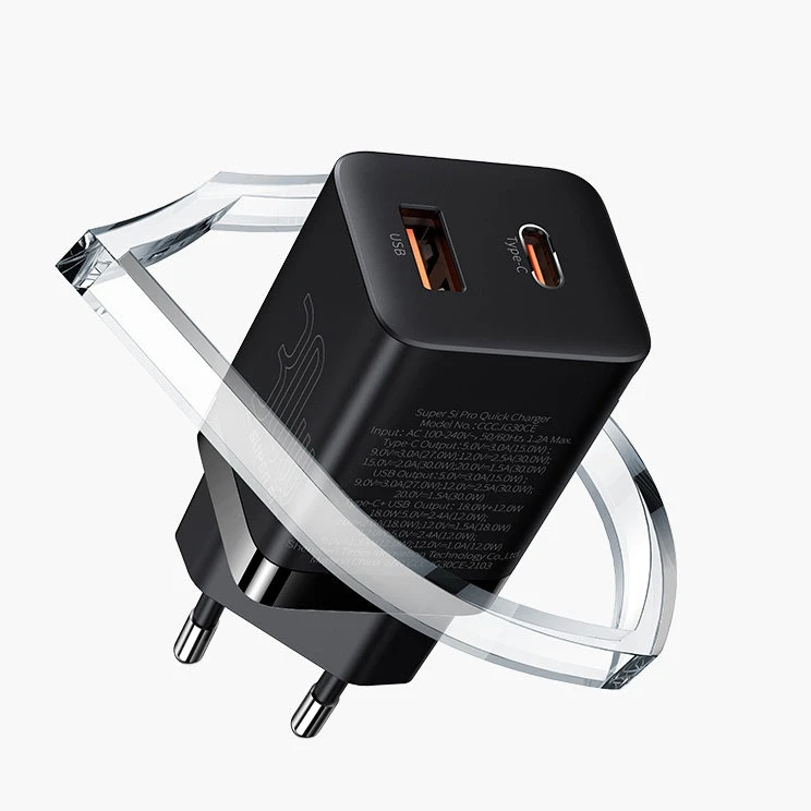 Baseus Super Si Pro įkroviklis USB + USB-C 30W - Baltas