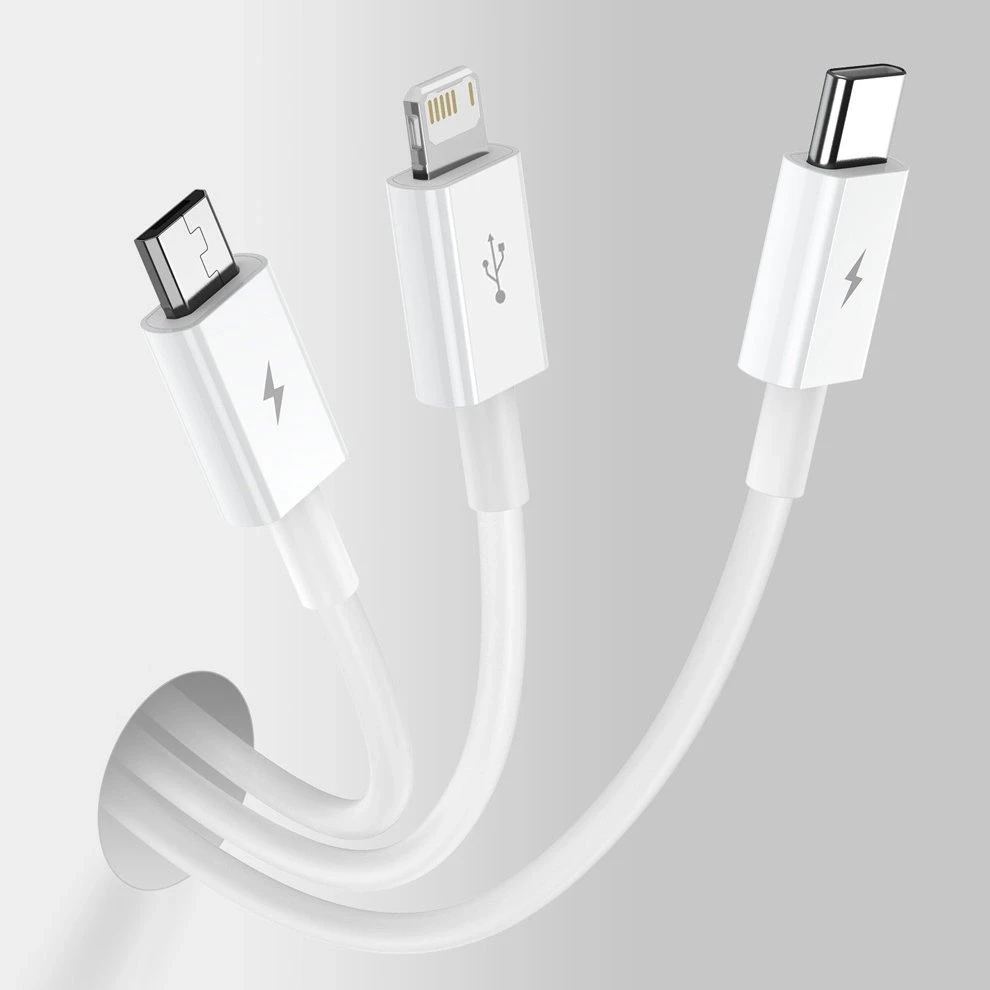 Kabelis Baseus Superior iš USB į microUSB+Lightning+Type-C 3.5A 1.5m baltas CAMLTYS-02