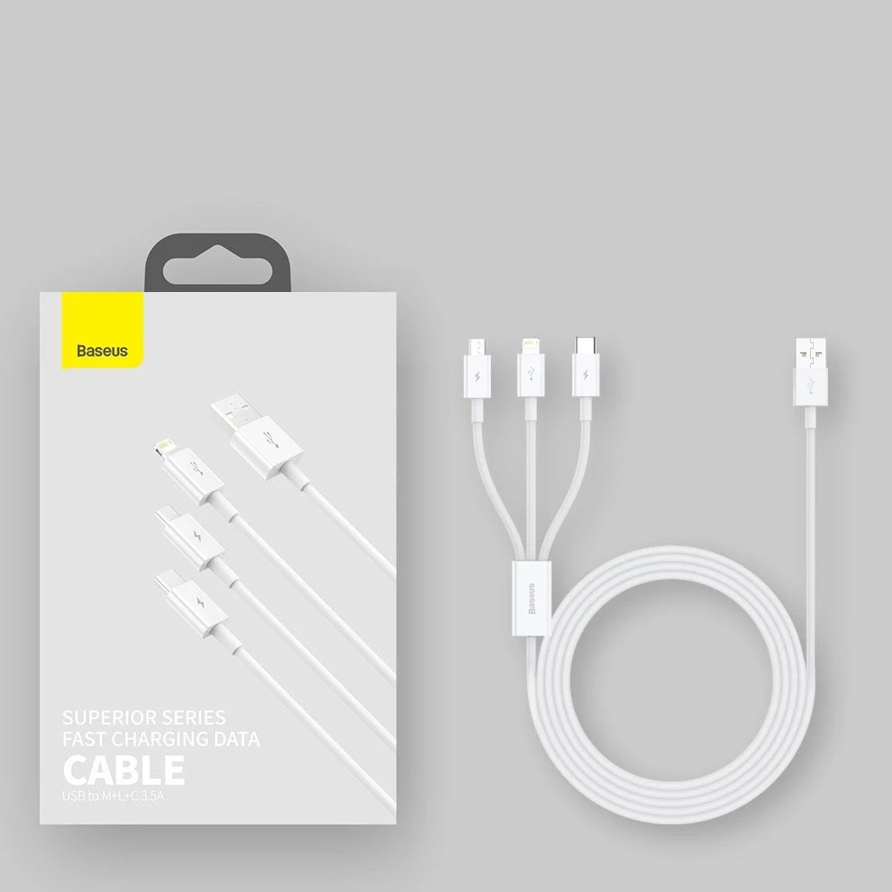 Kabelis Baseus Superior iš USB į microUSB+Lightning+Type-C 3.5A 1.5m baltas CAMLTYS-02