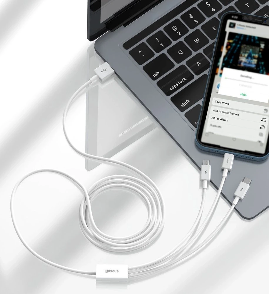 Kabelis Baseus Superior iš USB į microUSB+Lightning+Type-C 3.5A 1.5m baltas CAMLTYS-02