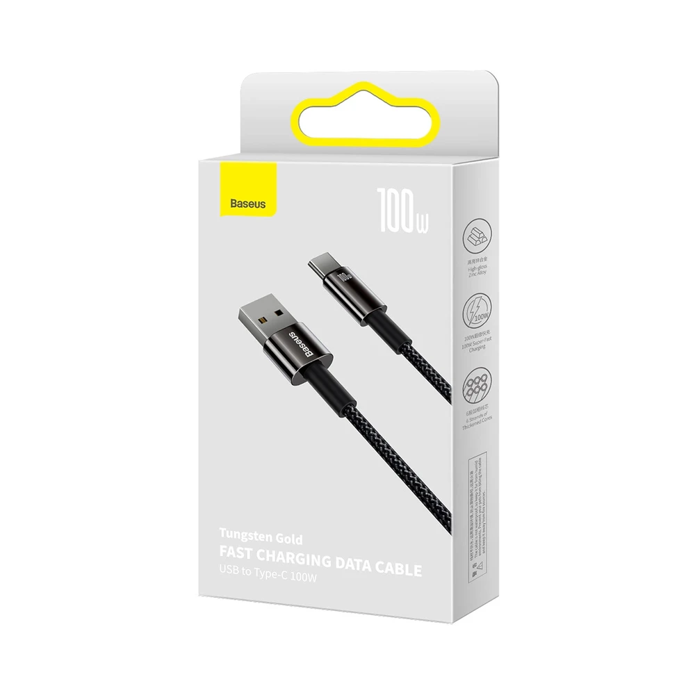 Baseus volframo auksinis kabelis USB prie USB-C, 100 W, 2 m (juodas)