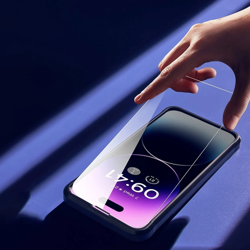 Baseus viso ekrano Apsauginis stiklas Apple iPhone 14 Pro su Anti Mėlyna šviesos filtru ir 0,3 mm garsiakalbio dangteliu + montavimo rėmeliu