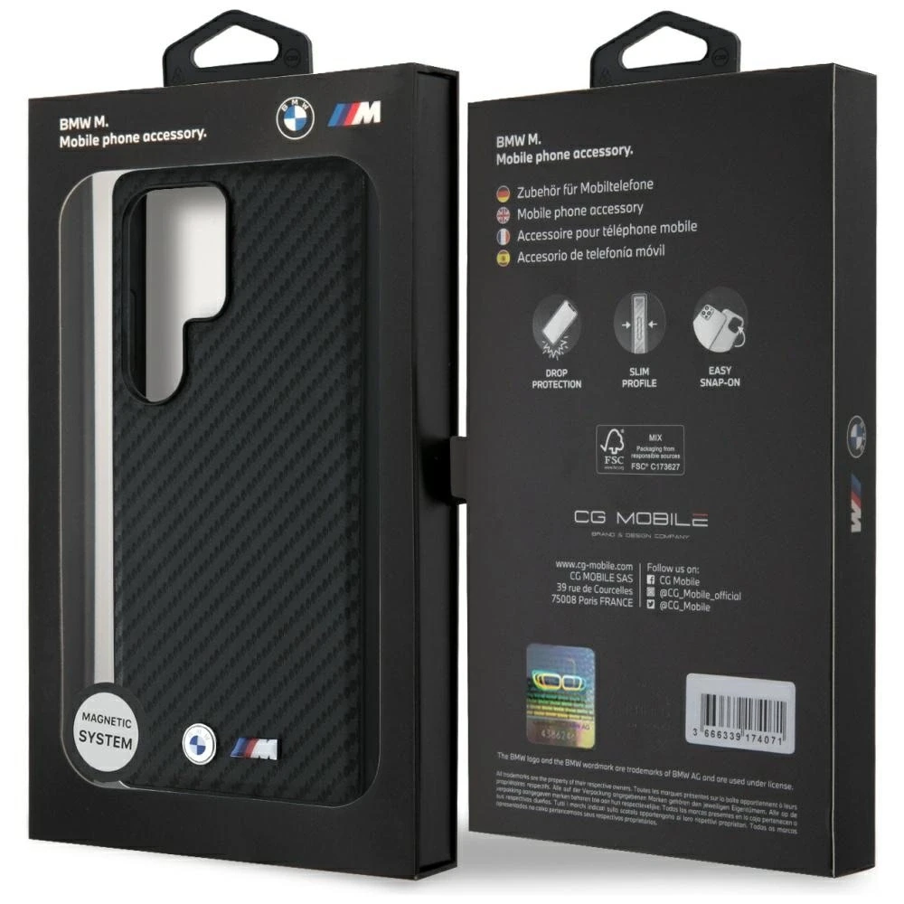 Dėklas BMW Leather Carbon MagSafe Samsung Galaxy S25 Ultra juodos spalvos