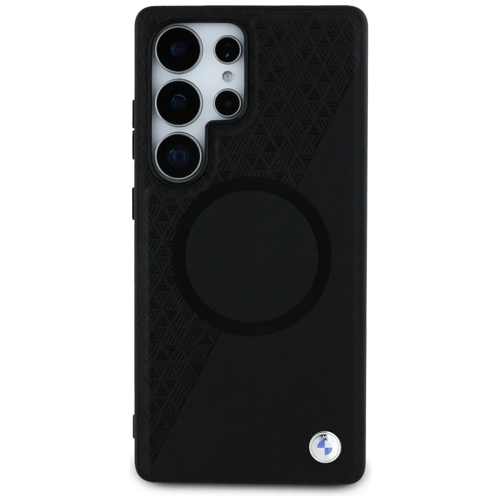 Dėklas BMW Leather Half Textured MagSafe Samsung Galaxy S25 Ultra juodos spalvos