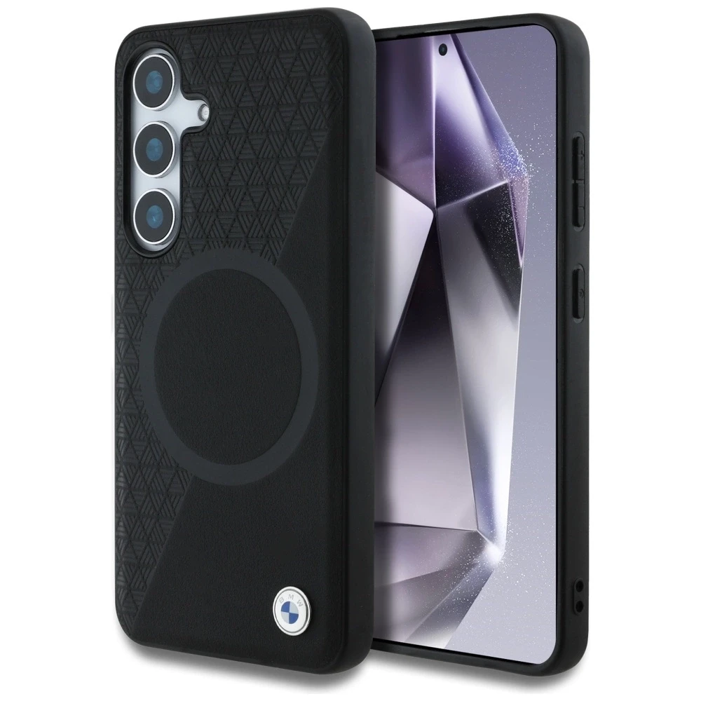 Dėklas BMW Leather Half Textured MagSafe Samsung Galaxy S25 juodos spalvos