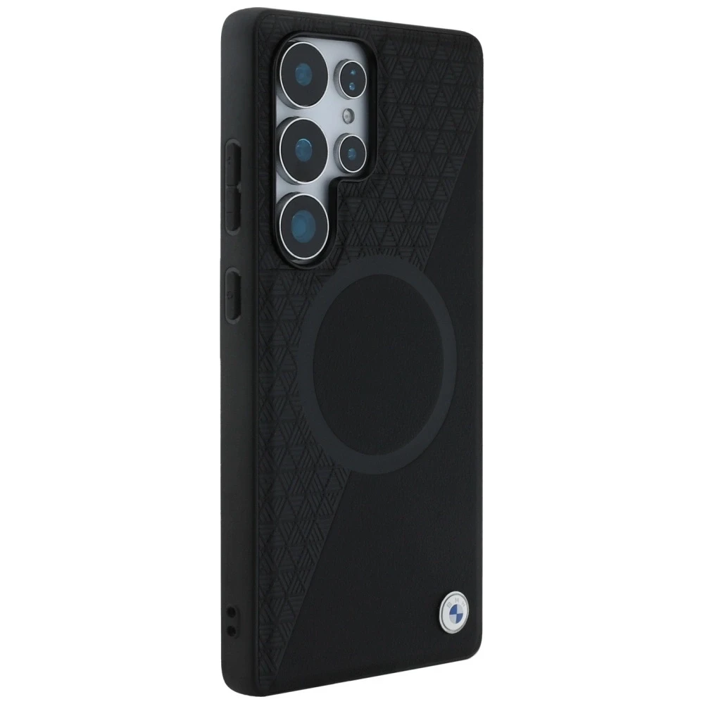 Dėklas BMW Leather Half Textured MagSafe Samsung Galaxy S25 Ultra juodos spalvos
